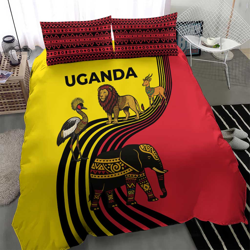 Uganda Bedding Set with African Wildlife Elephant Lion and Crane in Tribal Pattern Design