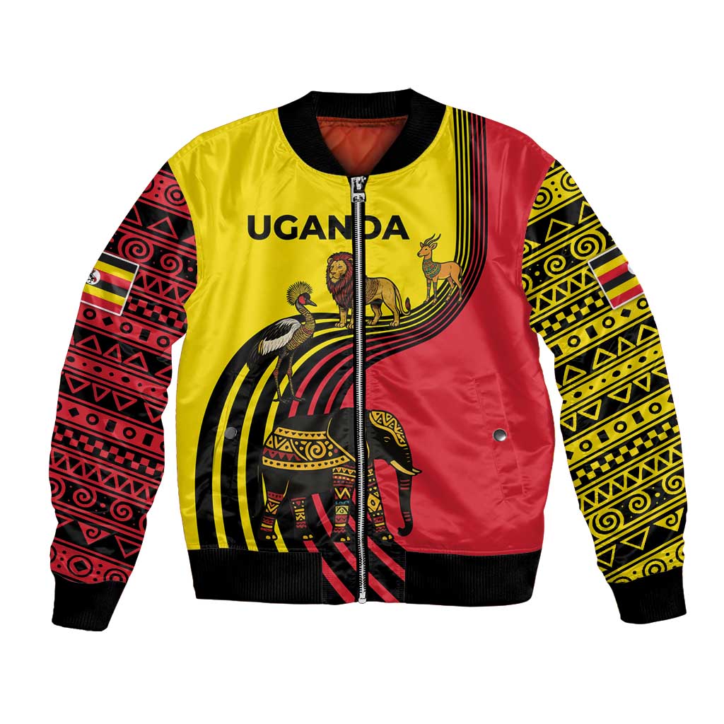 Uganda Bomber Jacket with African Wildlife Elephant Lion and Crane in Tribal Pattern Design