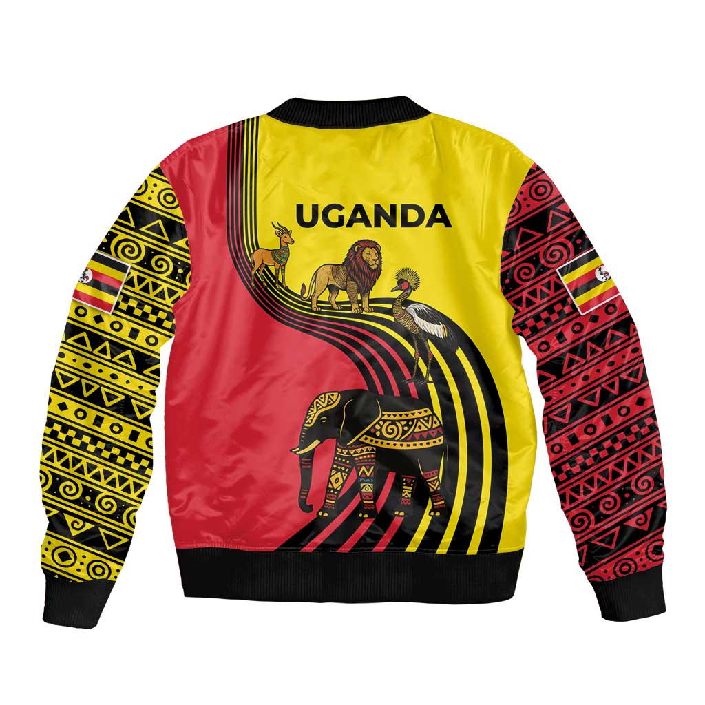 Uganda Bomber Jacket with African Wildlife Elephant Lion and Crane in Tribal Pattern Design