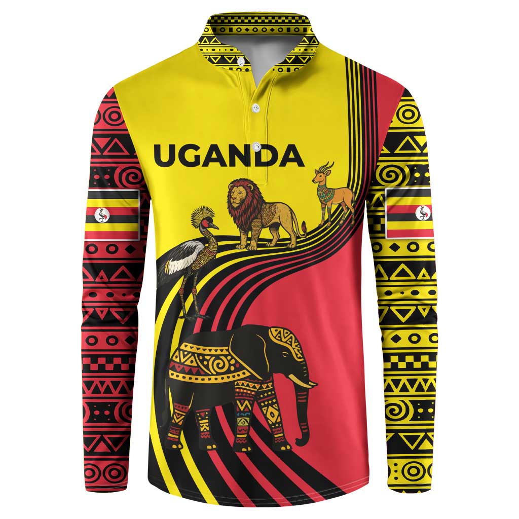 Uganda Button Sweatshirt with African Wildlife Elephant Lion and Crane in Tribal Pattern Design