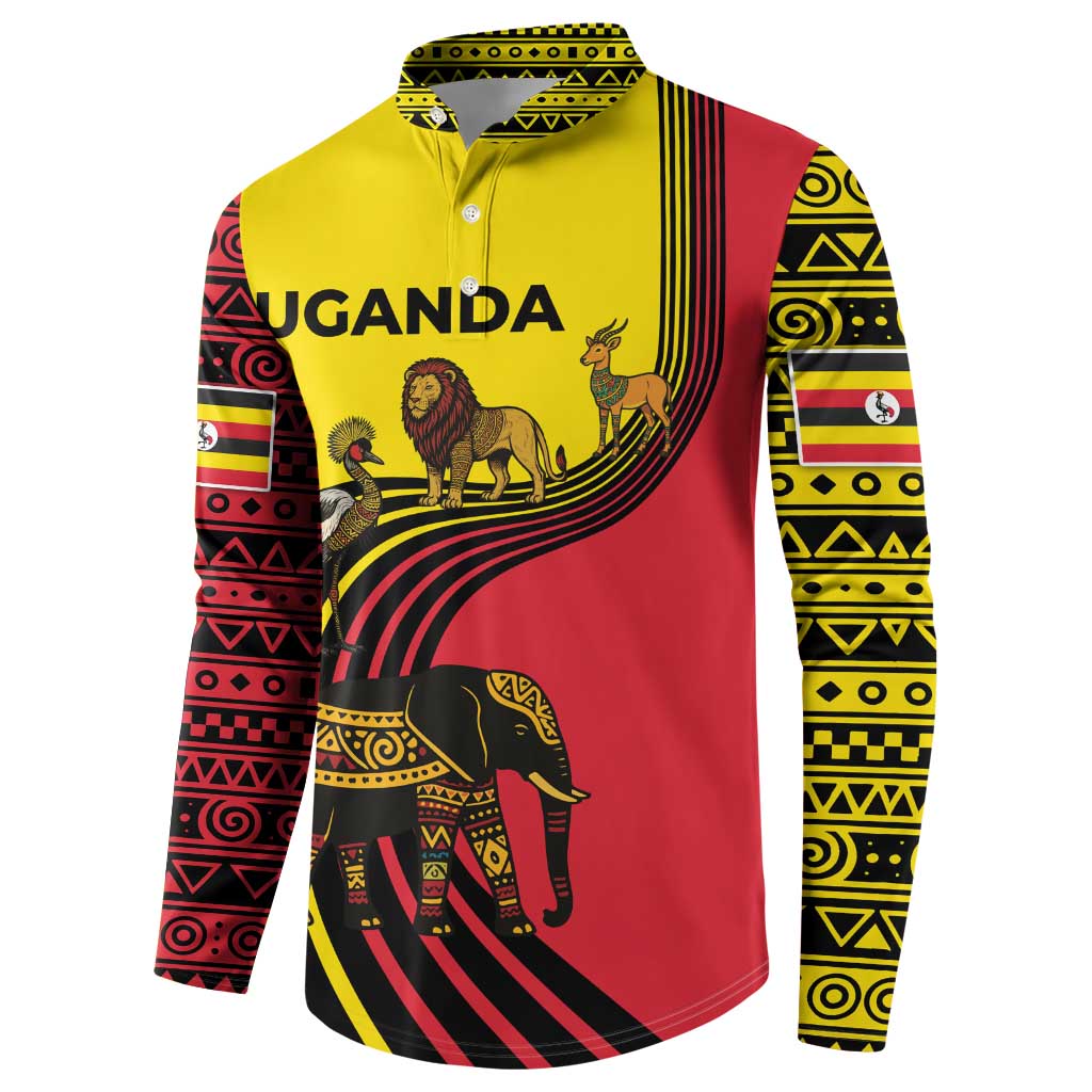 Uganda Button Sweatshirt with African Wildlife Elephant Lion and Crane in Tribal Pattern Design