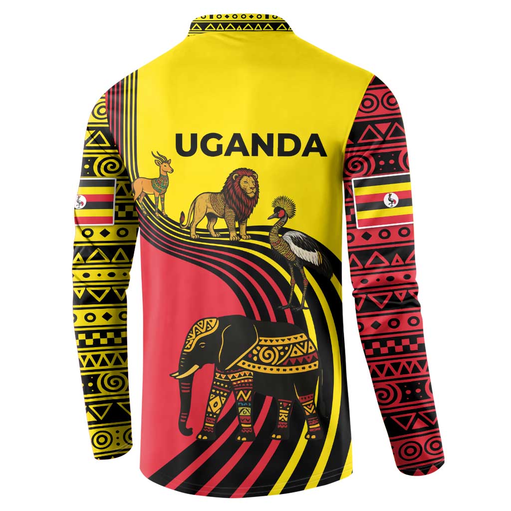 Uganda Button Sweatshirt with African Wildlife Elephant Lion and Crane in Tribal Pattern Design