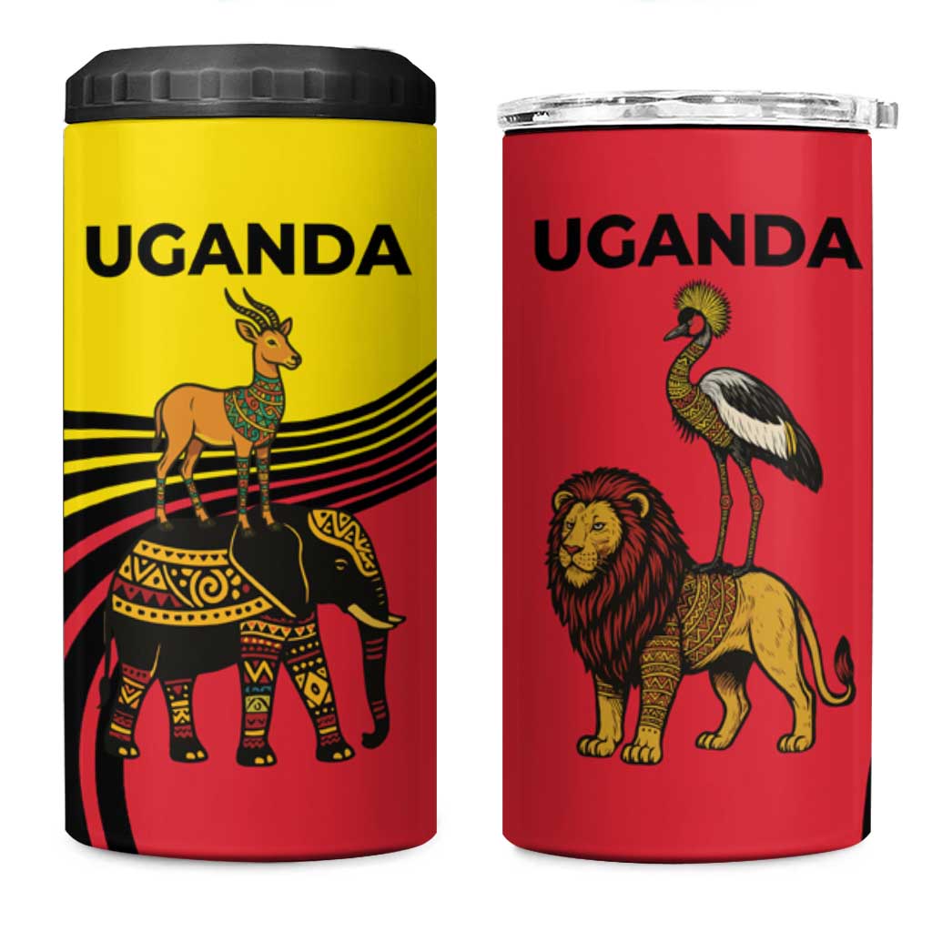 Uganda 4 in 1 Can Cooler Tumbler with African Wildlife Elephant Lion and Crane in Tribal Pattern Design