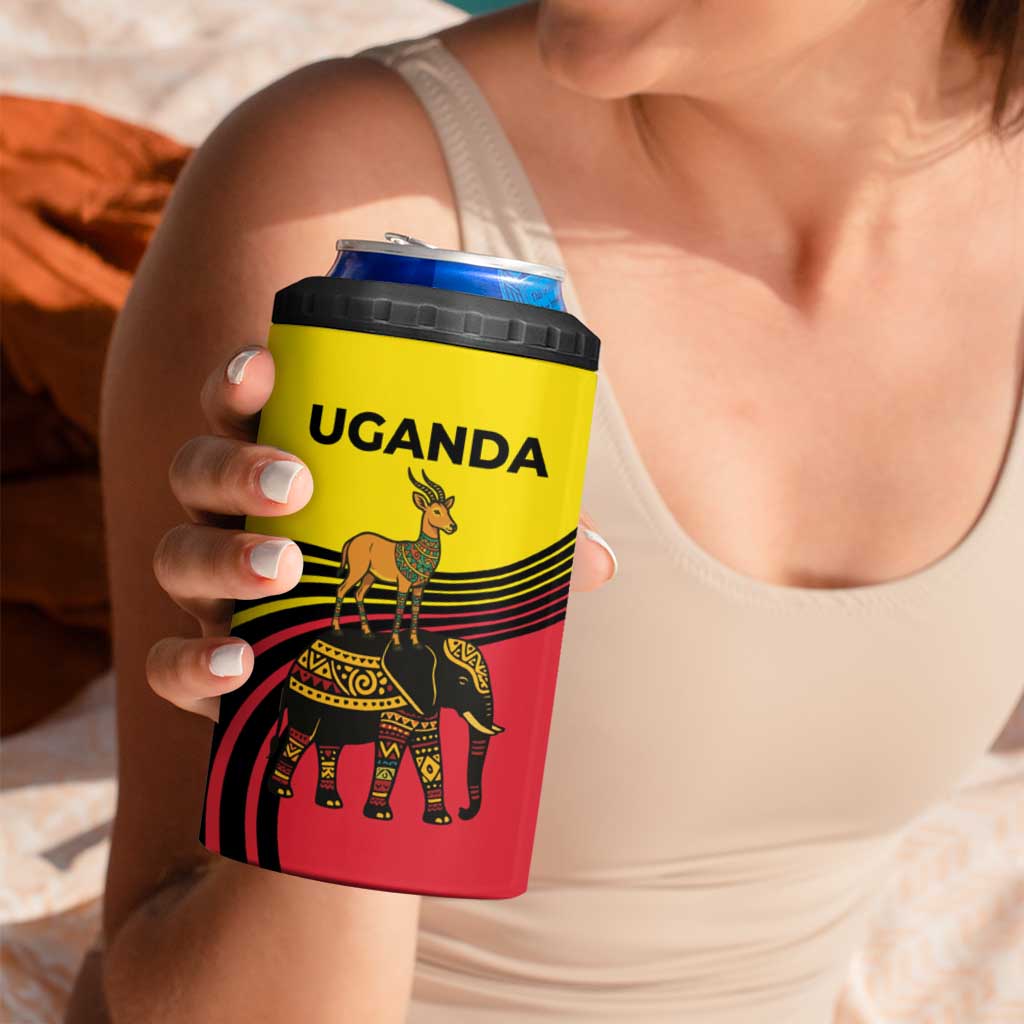 Uganda 4 in 1 Can Cooler Tumbler with African Wildlife Elephant Lion and Crane in Tribal Pattern Design