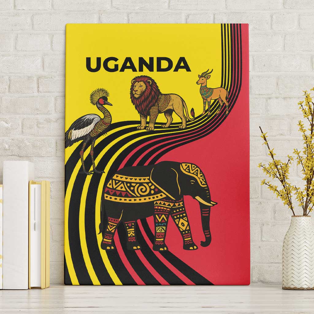 Uganda Canvas Wall Art with African Wildlife Elephant Lion and Crane in Tribal Pattern Design