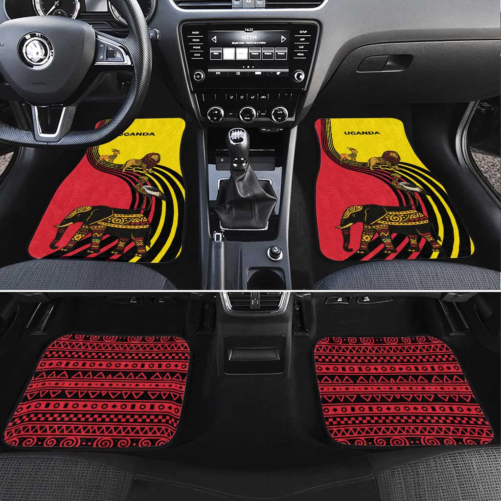 Uganda Car Mats with African Wildlife Elephant Lion and Crane in Tribal Pattern Design