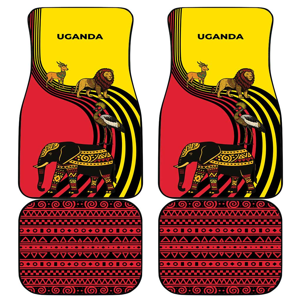 Uganda Car Mats with African Wildlife Elephant Lion and Crane in Tribal Pattern Design