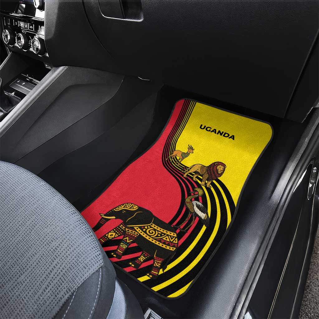 Uganda Car Mats with African Wildlife Elephant Lion and Crane in Tribal Pattern Design