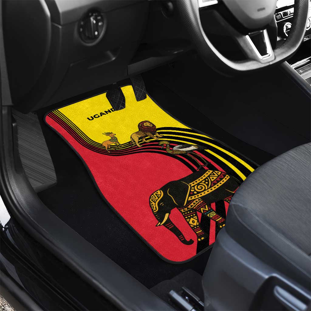 Uganda Car Mats with African Wildlife Elephant Lion and Crane in Tribal Pattern Design