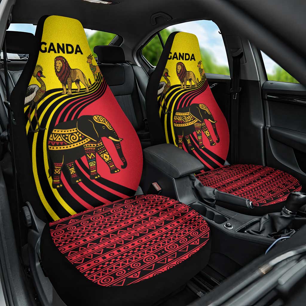 Uganda Car Seat Cover with African Wildlife Elephant Lion and Crane in Tribal Pattern Design