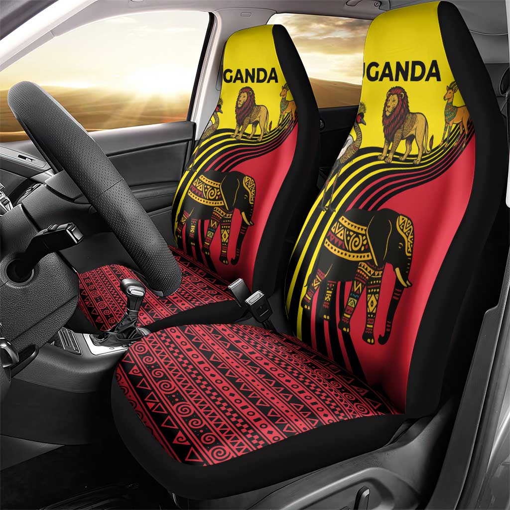 Uganda Car Seat Cover with African Wildlife Elephant Lion and Crane in Tribal Pattern Design