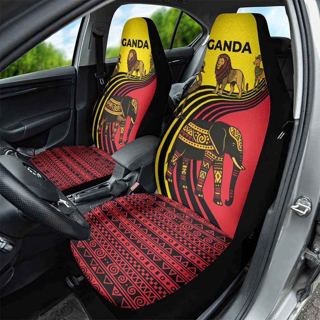 Uganda Car Seat Cover with African Wildlife Elephant Lion and Crane in Tribal Pattern Design