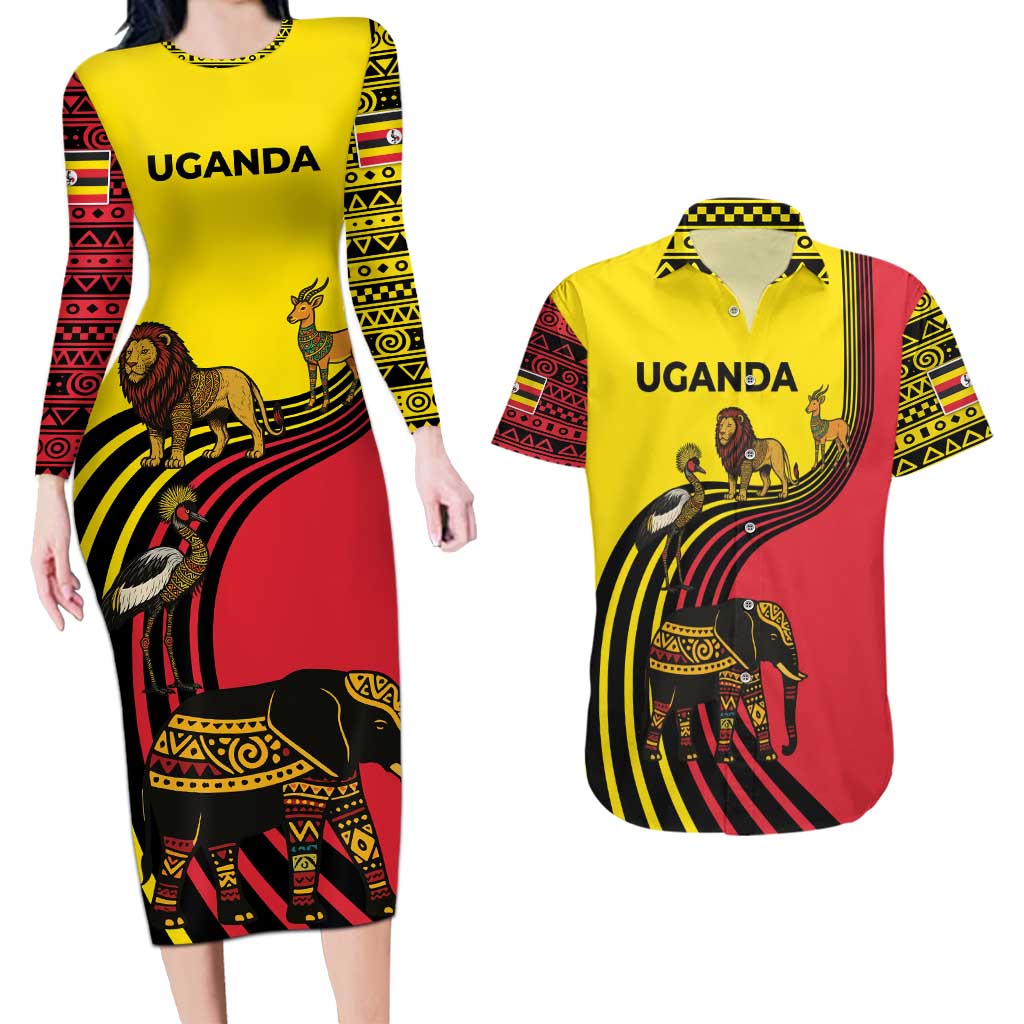 Uganda Couples Matching Long Sleeve Bodycon Dress and Hawaiian Shirt with African Wildlife Elephant Lion and Crane in Tribal Pattern Design