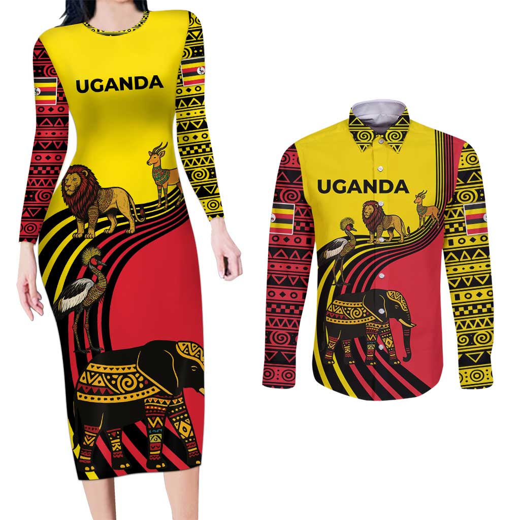 Uganda Couples Matching Long Sleeve Bodycon Dress and Long Sleeve Button Shirt with African Wildlife Elephant Lion and Crane in Tribal Pattern Design