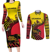 Uganda Couples Matching Long Sleeve Bodycon Dress and Long Sleeve Button Shirt with African Wildlife Elephant Lion and Crane in Tribal Pattern Design