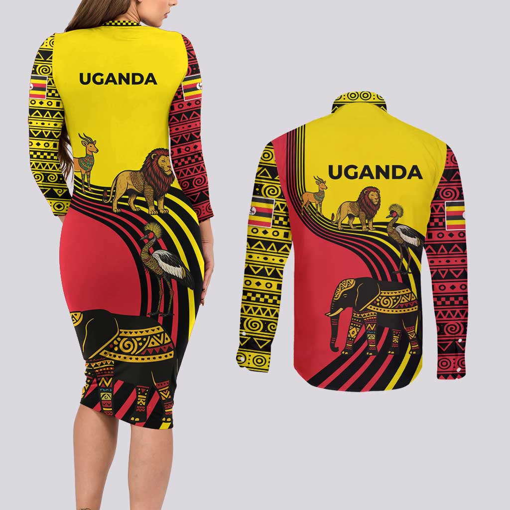 Uganda Couples Matching Long Sleeve Bodycon Dress and Long Sleeve Button Shirt with African Wildlife Elephant Lion and Crane in Tribal Pattern Design
