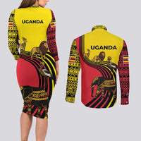 Uganda Couples Matching Long Sleeve Bodycon Dress and Long Sleeve Button Shirt with African Wildlife Elephant Lion and Crane in Tribal Pattern Design