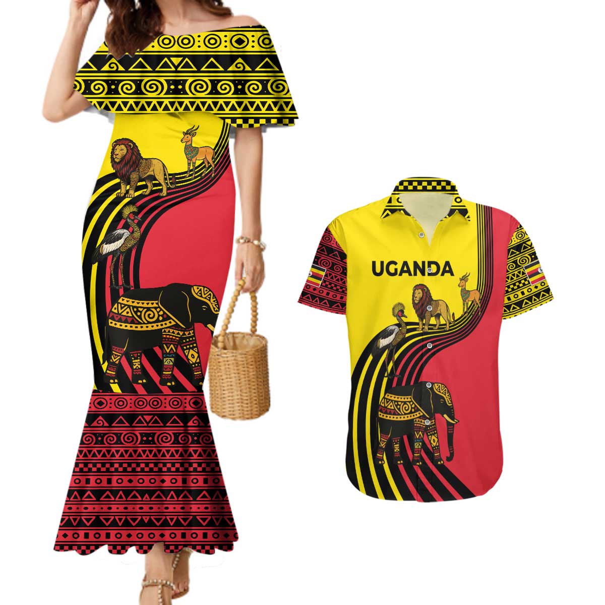 Uganda Couples Matching Mermaid Dress and Hawaiian Shirt with African Wildlife Elephant Lion and Crane in Tribal Pattern Design