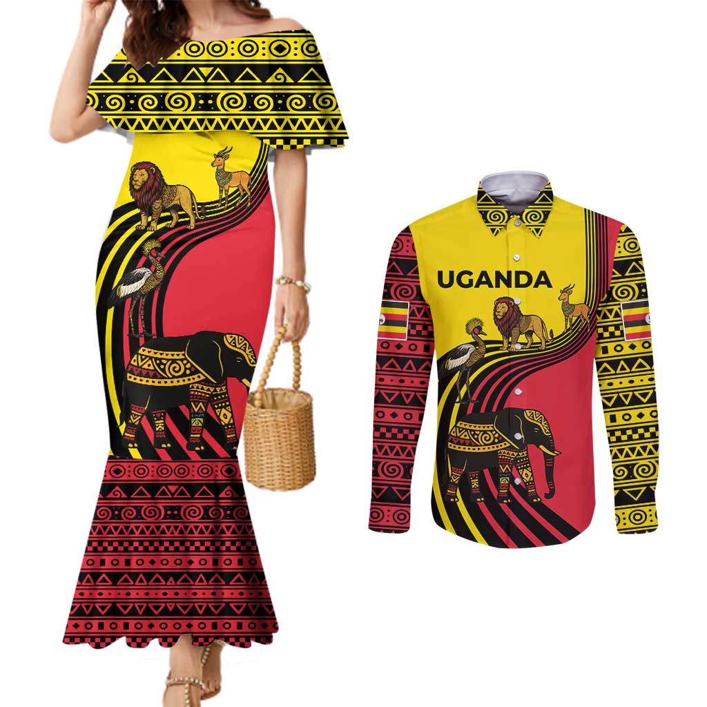 Uganda Couples Matching Mermaid Dress and Long Sleeve Button Shirt with African Wildlife Elephant Lion and Crane in Tribal Pattern Design