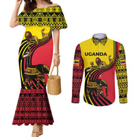 Uganda Couples Matching Mermaid Dress and Long Sleeve Button Shirt with African Wildlife Elephant Lion and Crane in Tribal Pattern Design