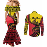 Uganda Couples Matching Mermaid Dress and Long Sleeve Button Shirt with African Wildlife Elephant Lion and Crane in Tribal Pattern Design