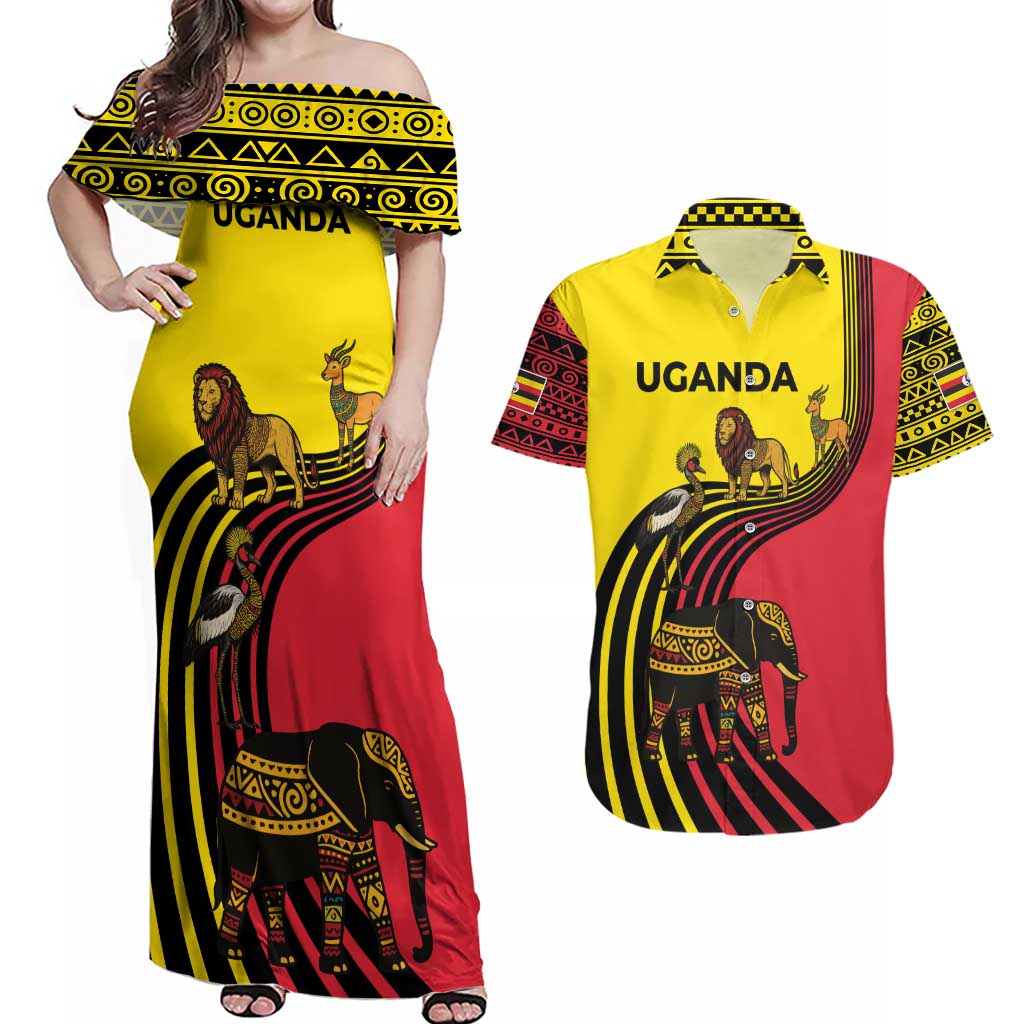Uganda Couples Matching Off Shoulder Maxi Dress and Hawaiian Shirt with African Wildlife Elephant Lion and Crane in Tribal Pattern Design