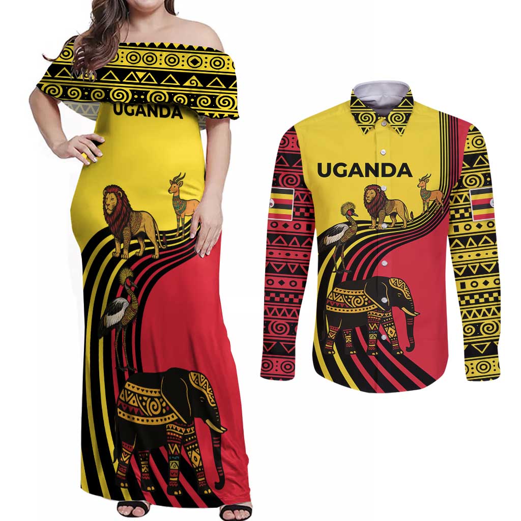 Uganda Couples Matching Off Shoulder Maxi Dress and Long Sleeve Button Shirt with African Wildlife Elephant Lion and Crane in Tribal Pattern Design