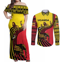 Uganda Couples Matching Off Shoulder Maxi Dress and Long Sleeve Button Shirt with African Wildlife Elephant Lion and Crane in Tribal Pattern Design