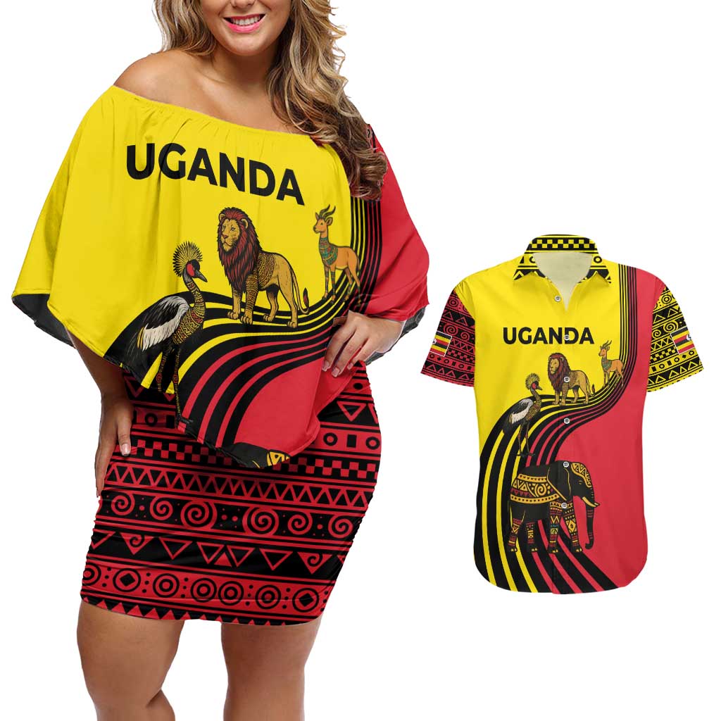 Uganda Couples Matching Off Shoulder Short Dress and Hawaiian Shirt with African Wildlife Elephant Lion and Crane in Tribal Pattern Design