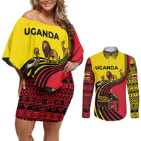 Uganda Couples Matching Off Shoulder Short Dress and Long Sleeve Button Shirt with African Wildlife Elephant Lion and Crane in Tribal Pattern Design