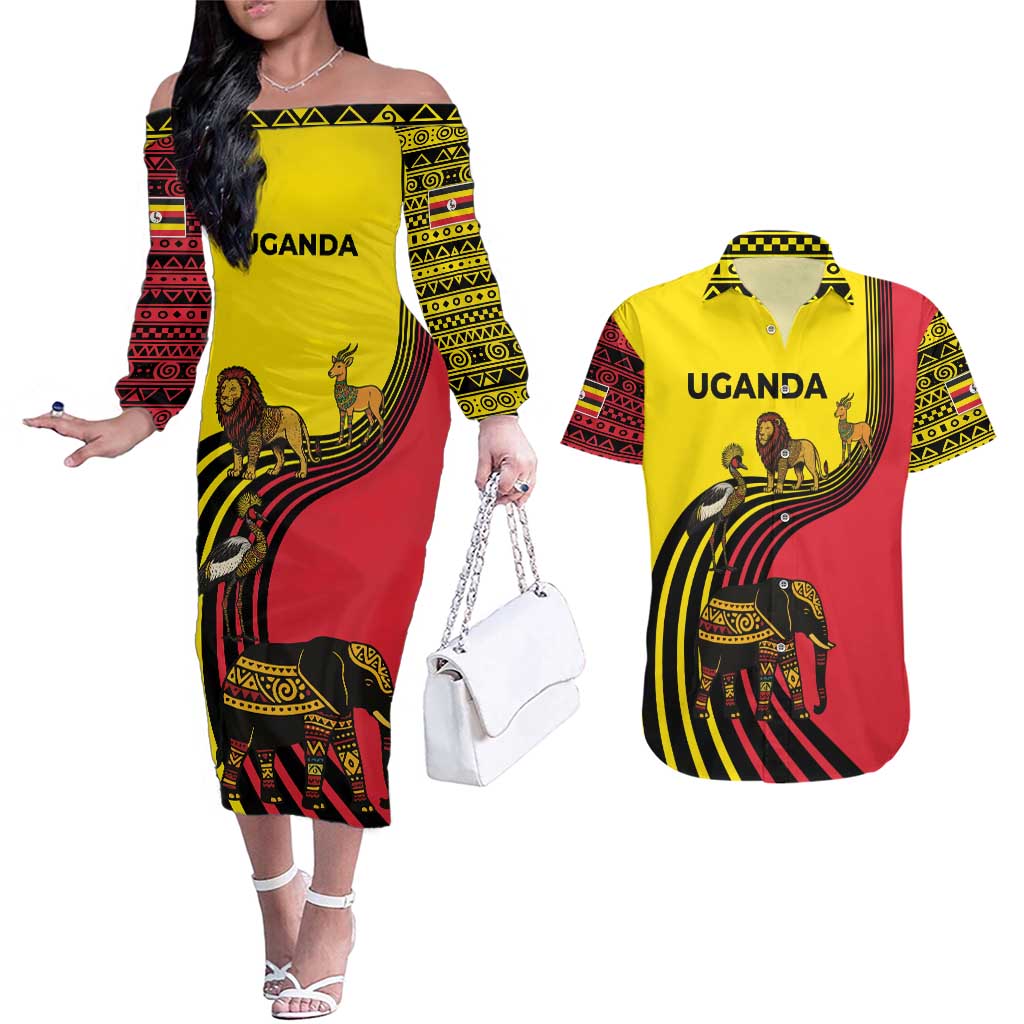 Uganda Couples Matching Off The Shoulder Long Sleeve Dress and Hawaiian Shirt with African Wildlife Elephant Lion and Crane in Tribal Pattern Design