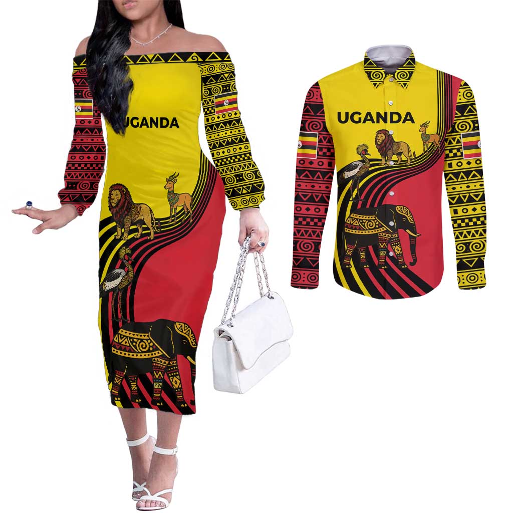 Uganda Couples Matching Off The Shoulder Long Sleeve Dress and Long Sleeve Button Shirt with African Wildlife Elephant Lion and Crane in Tribal Pattern Design