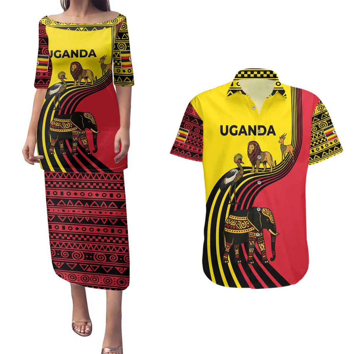 Uganda Couples Matching Puletasi and Hawaiian Shirt with African Wildlife Elephant Lion and Crane in Tribal Pattern Design