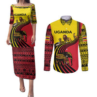 Uganda Couples Matching Puletasi and Long Sleeve Button Shirt with African Wildlife Elephant Lion and Crane in Tribal Pattern Design