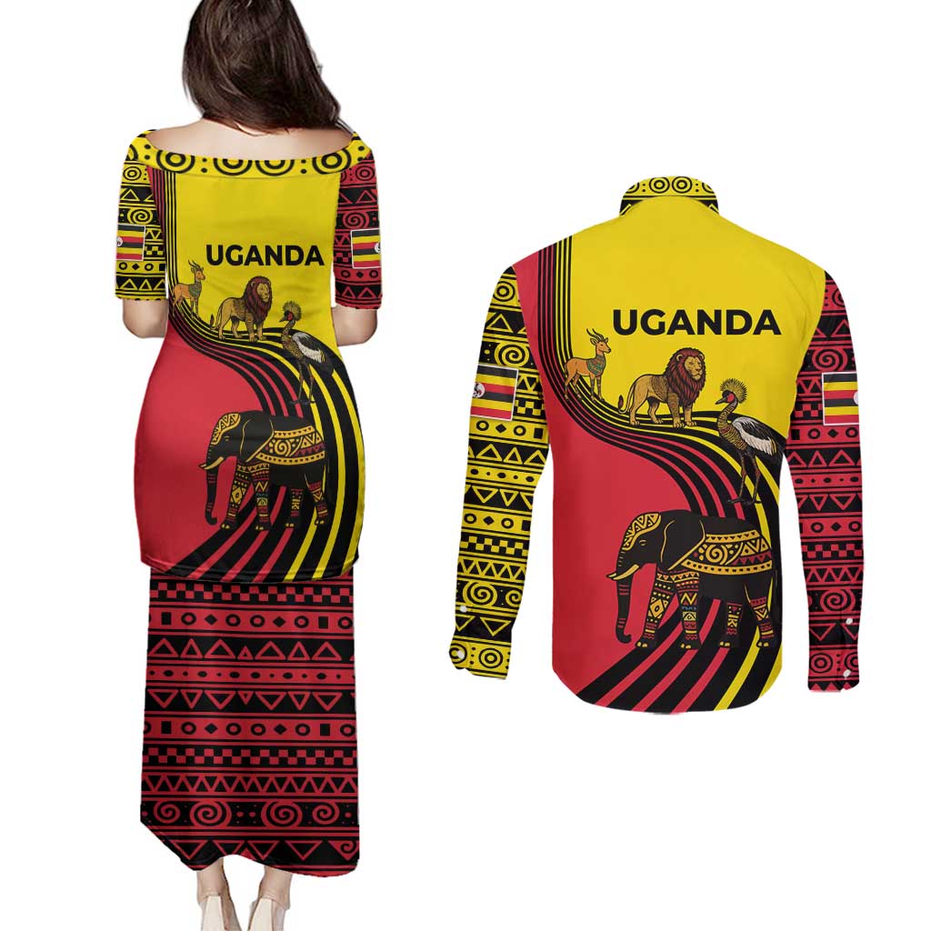 Uganda Couples Matching Puletasi and Long Sleeve Button Shirt with African Wildlife Elephant Lion and Crane in Tribal Pattern Design