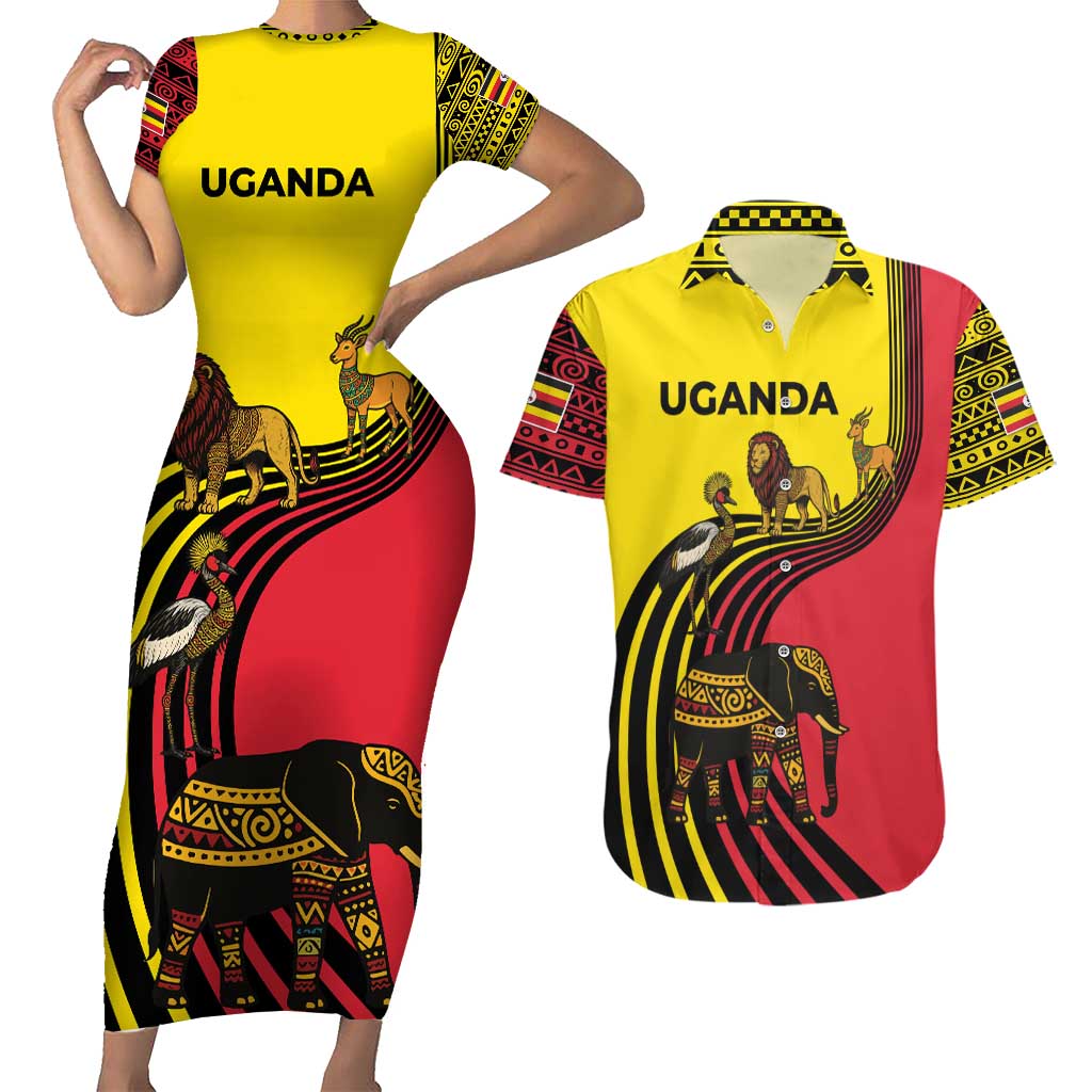 Uganda Couples Matching Short Sleeve Bodycon Dress and Hawaiian Shirt with African Wildlife Elephant Lion and Crane in Tribal Pattern Design