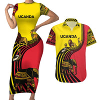 Uganda Couples Matching Short Sleeve Bodycon Dress and Hawaiian Shirt with African Wildlife Elephant Lion and Crane in Tribal Pattern Design