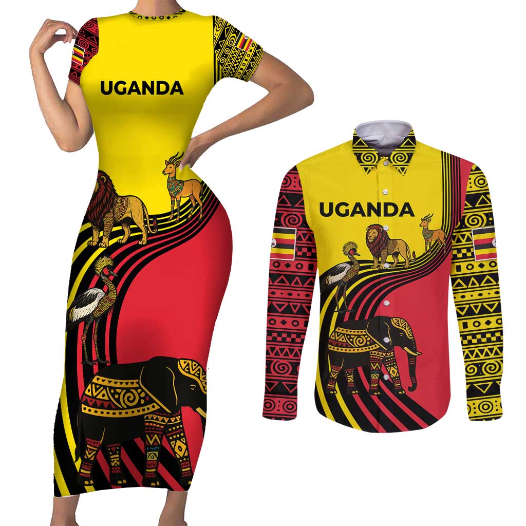 Uganda Couples Matching Short Sleeve Bodycon Dress and Long Sleeve Button Shirt with African Wildlife Elephant Lion and Crane in Tribal Pattern Design