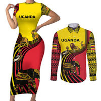 Uganda Couples Matching Short Sleeve Bodycon Dress and Long Sleeve Button Shirt with African Wildlife Elephant Lion and Crane in Tribal Pattern Design