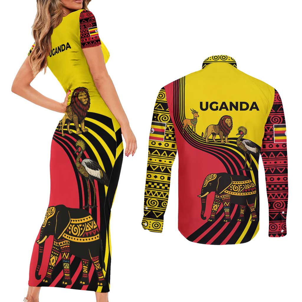 Uganda Couples Matching Short Sleeve Bodycon Dress and Long Sleeve Button Shirt with African Wildlife Elephant Lion and Crane in Tribal Pattern Design