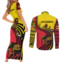 Uganda Couples Matching Short Sleeve Bodycon Dress and Long Sleeve Button Shirt with African Wildlife Elephant Lion and Crane in Tribal Pattern Design