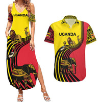 Uganda Couples Matching Summer Maxi Dress and Hawaiian Shirt with African Wildlife Elephant Lion and Crane in Tribal Pattern Design