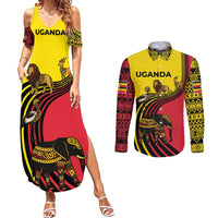 Uganda Couples Matching Summer Maxi Dress and Long Sleeve Button Shirt with African Wildlife Elephant Lion and Crane in Tribal Pattern Design