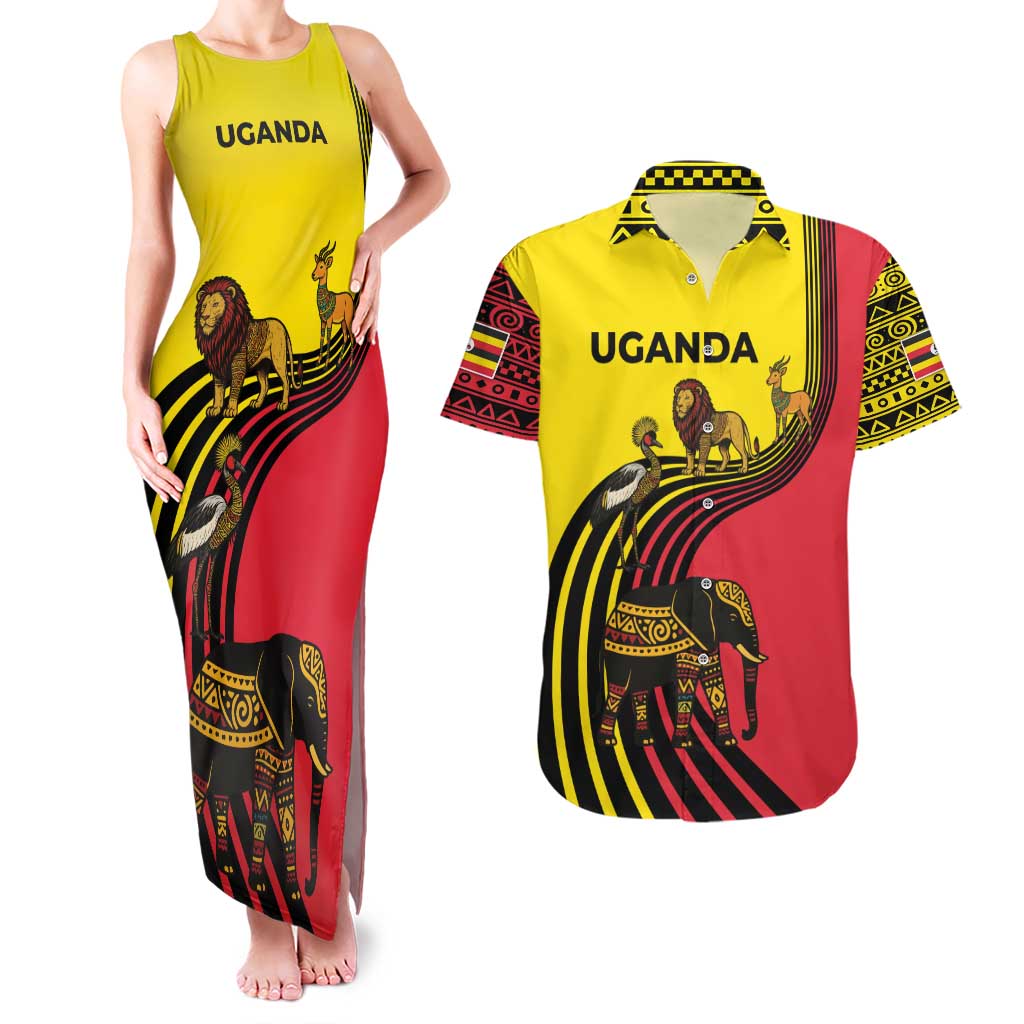 Uganda Couples Matching Tank Maxi Dress and Hawaiian Shirt with African Wildlife Elephant Lion and Crane in Tribal Pattern Design