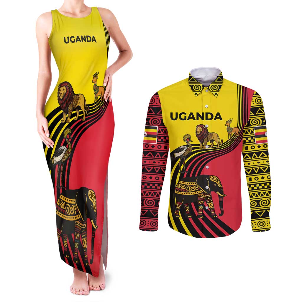 Uganda Couples Matching Tank Maxi Dress and Long Sleeve Button Shirt with African Wildlife Elephant Lion and Crane in Tribal Pattern Design