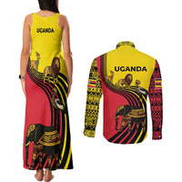 Uganda Couples Matching Tank Maxi Dress and Long Sleeve Button Shirt with African Wildlife Elephant Lion and Crane in Tribal Pattern Design