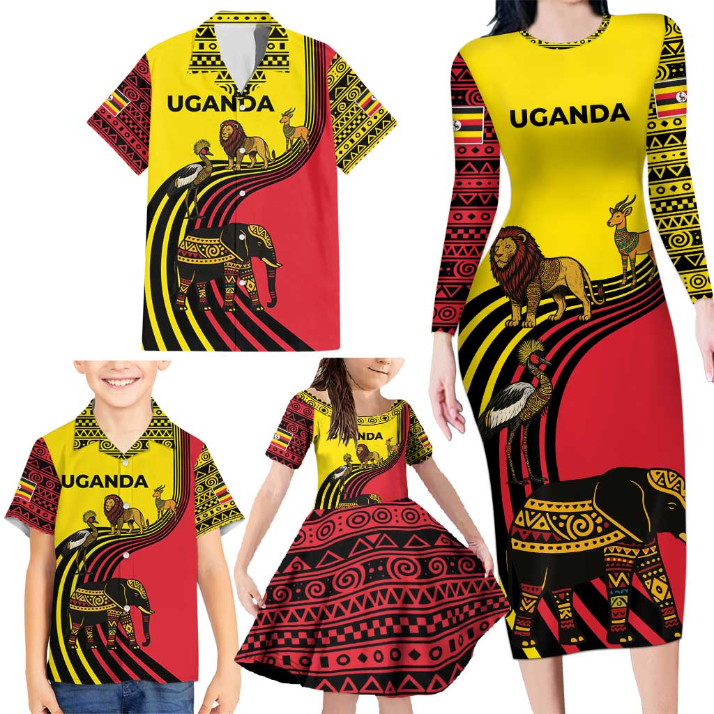 Uganda Family Matching Long Sleeve Bodycon Dress and Hawaiian Shirt with African Wildlife Elephant Lion and Crane in Tribal Pattern Design
