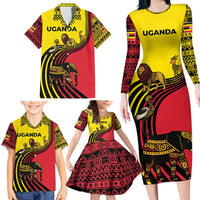 Uganda Family Matching Long Sleeve Bodycon Dress and Hawaiian Shirt with African Wildlife Elephant Lion and Crane in Tribal Pattern Design