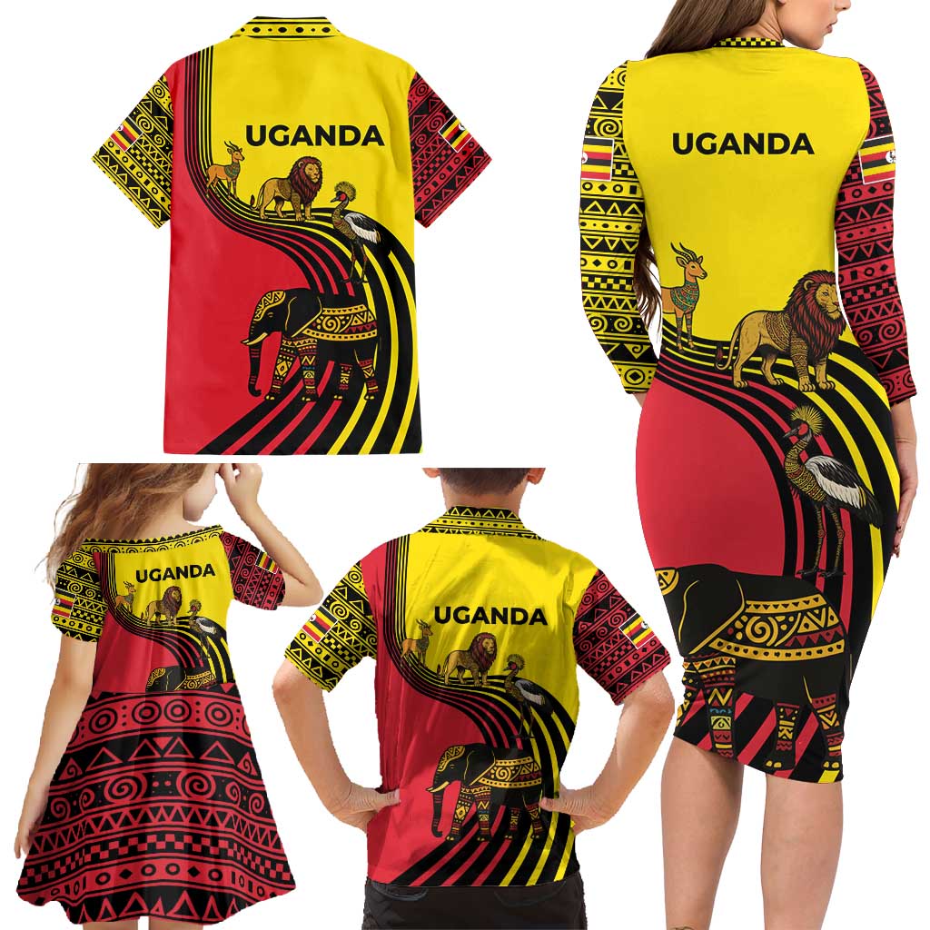 Uganda Family Matching Long Sleeve Bodycon Dress and Hawaiian Shirt with African Wildlife Elephant Lion and Crane in Tribal Pattern Design