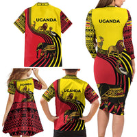 Uganda Family Matching Long Sleeve Bodycon Dress and Hawaiian Shirt with African Wildlife Elephant Lion and Crane in Tribal Pattern Design